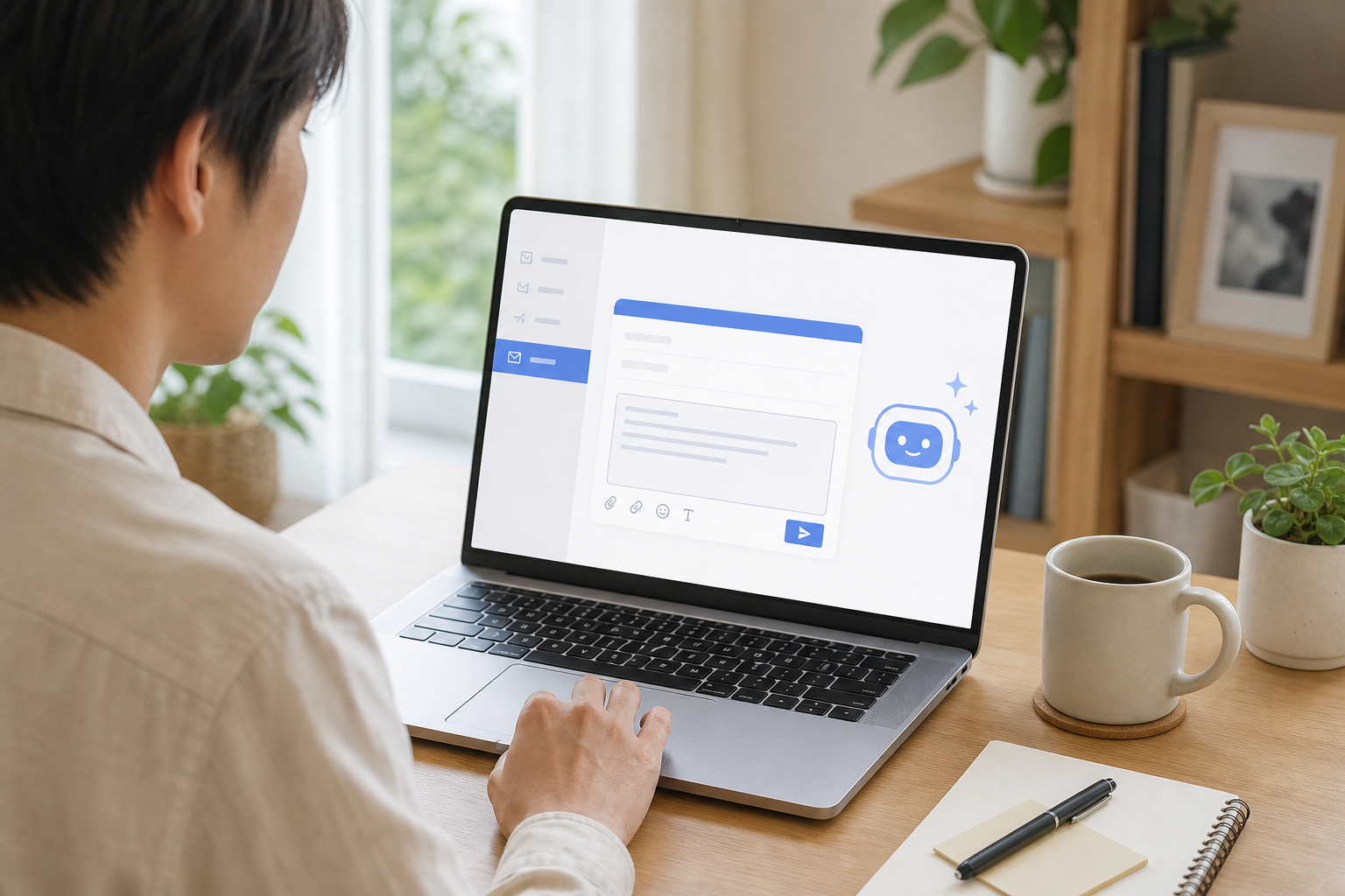 小規模事業者がAIでメール下書きを整えて配信準備をしている様子