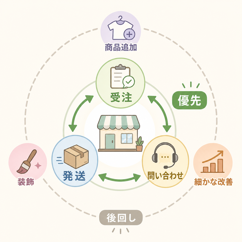 開店直後に優先する仕事と後回しにする仕事の比較イラスト