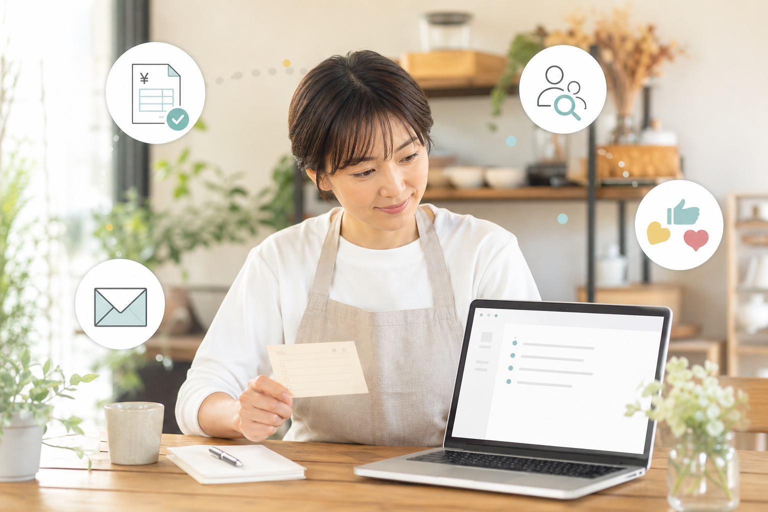 小さな店舗の店主がAI業務カードを整理している様子