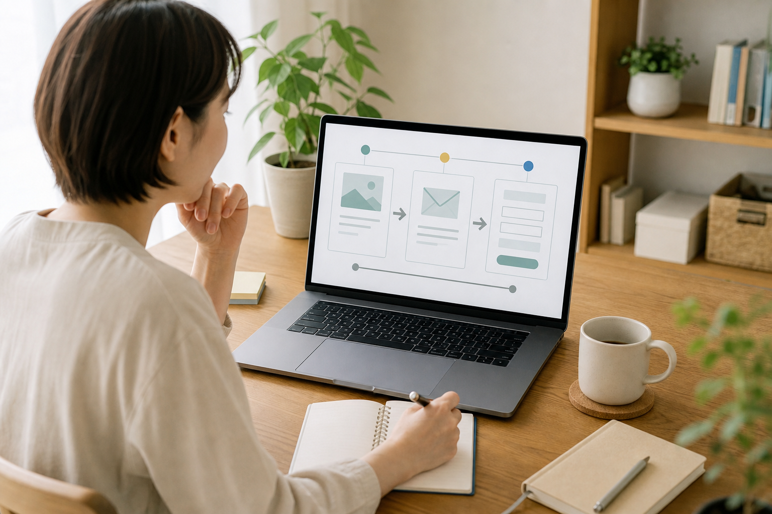 集客から申し込みまでの導線を整理する小規模事業者の作業風景