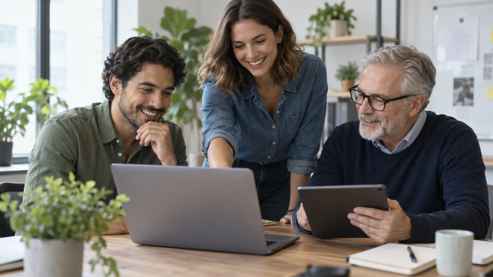Team discussing work around a laptop
