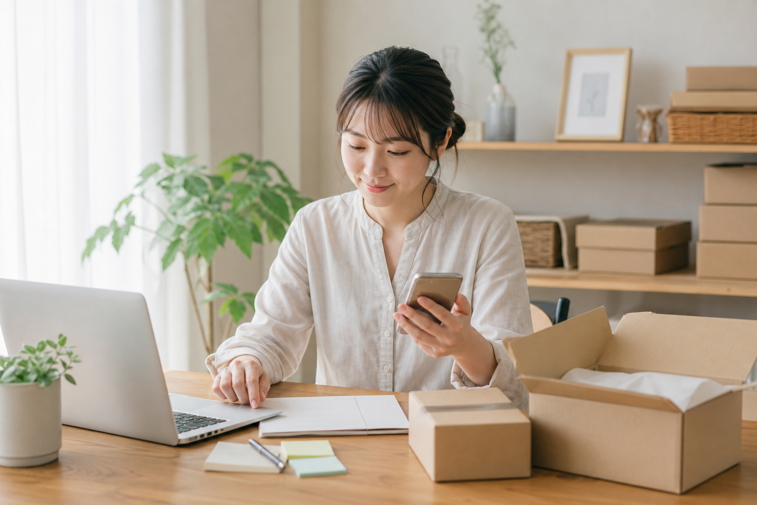 自宅でネットショップの注文確認と梱包準備をする小規模事業者