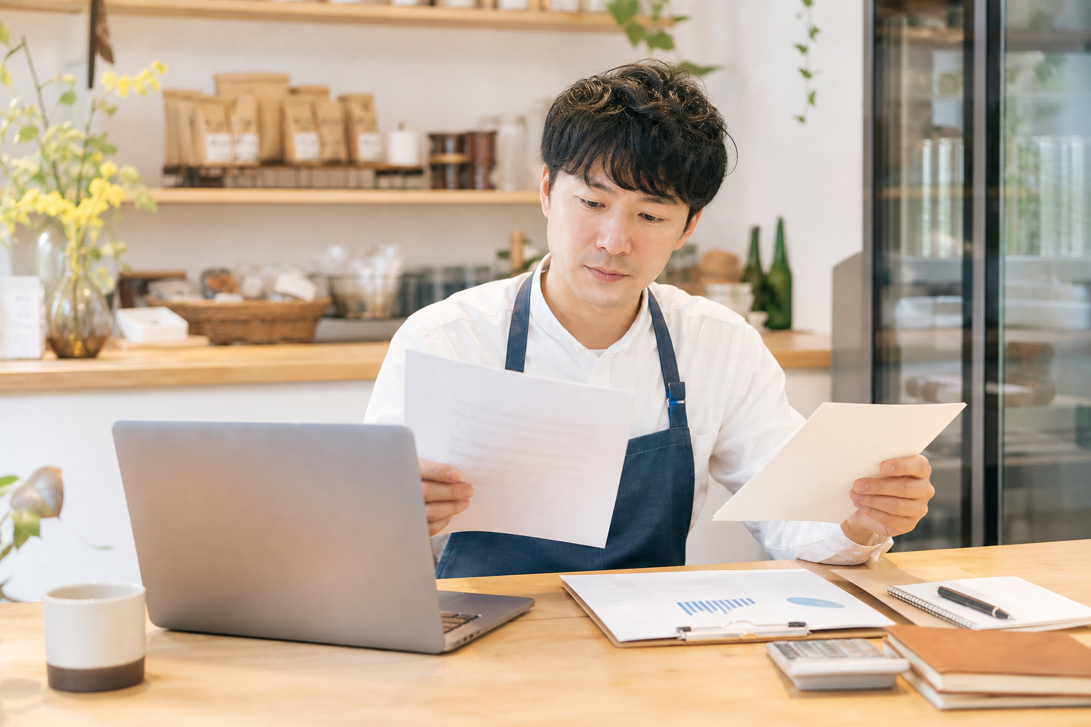 店舗の店主が補助金通知を1枚のメモに整理している様子