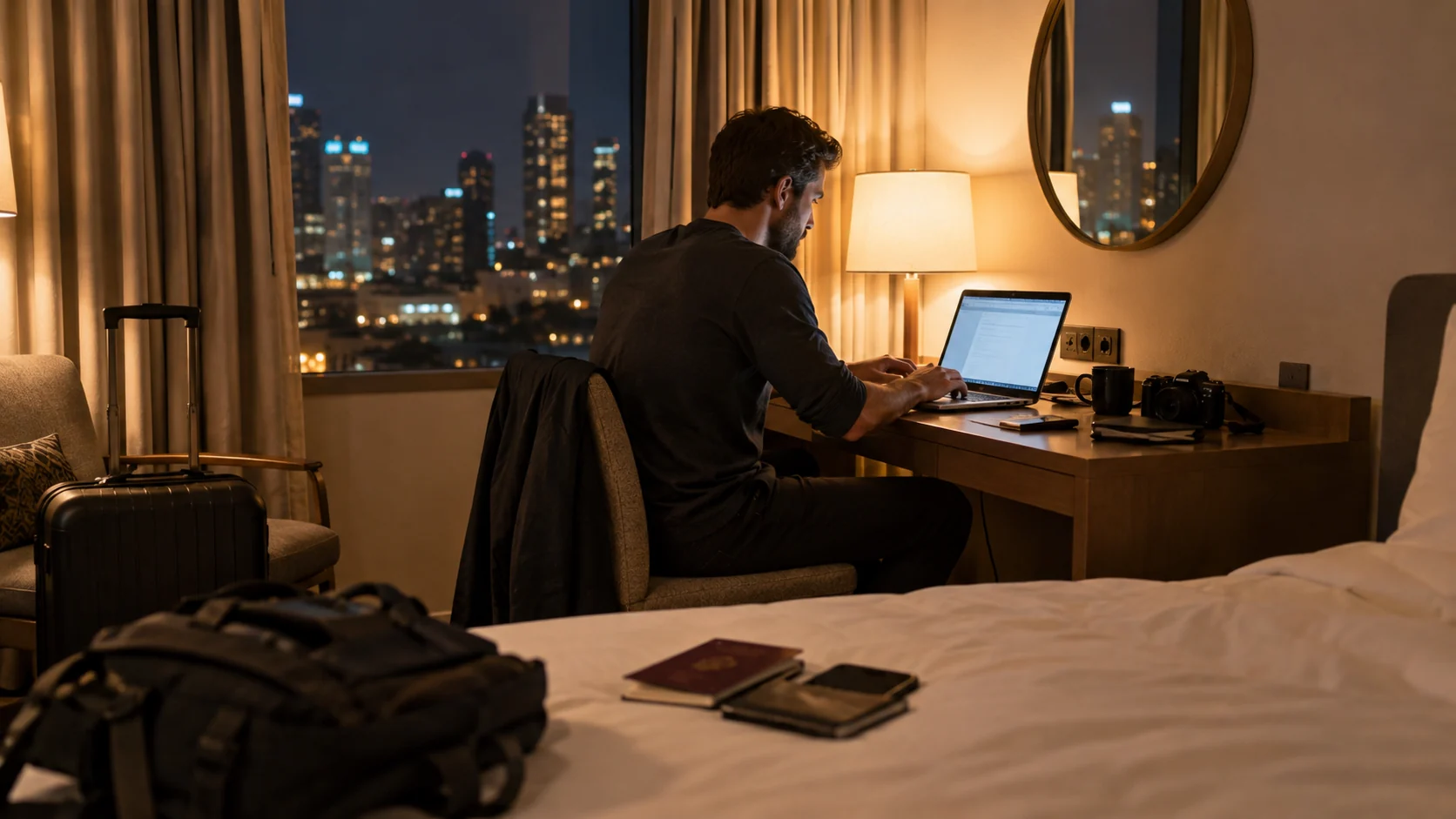 Man working on a laptop in a hotel at night