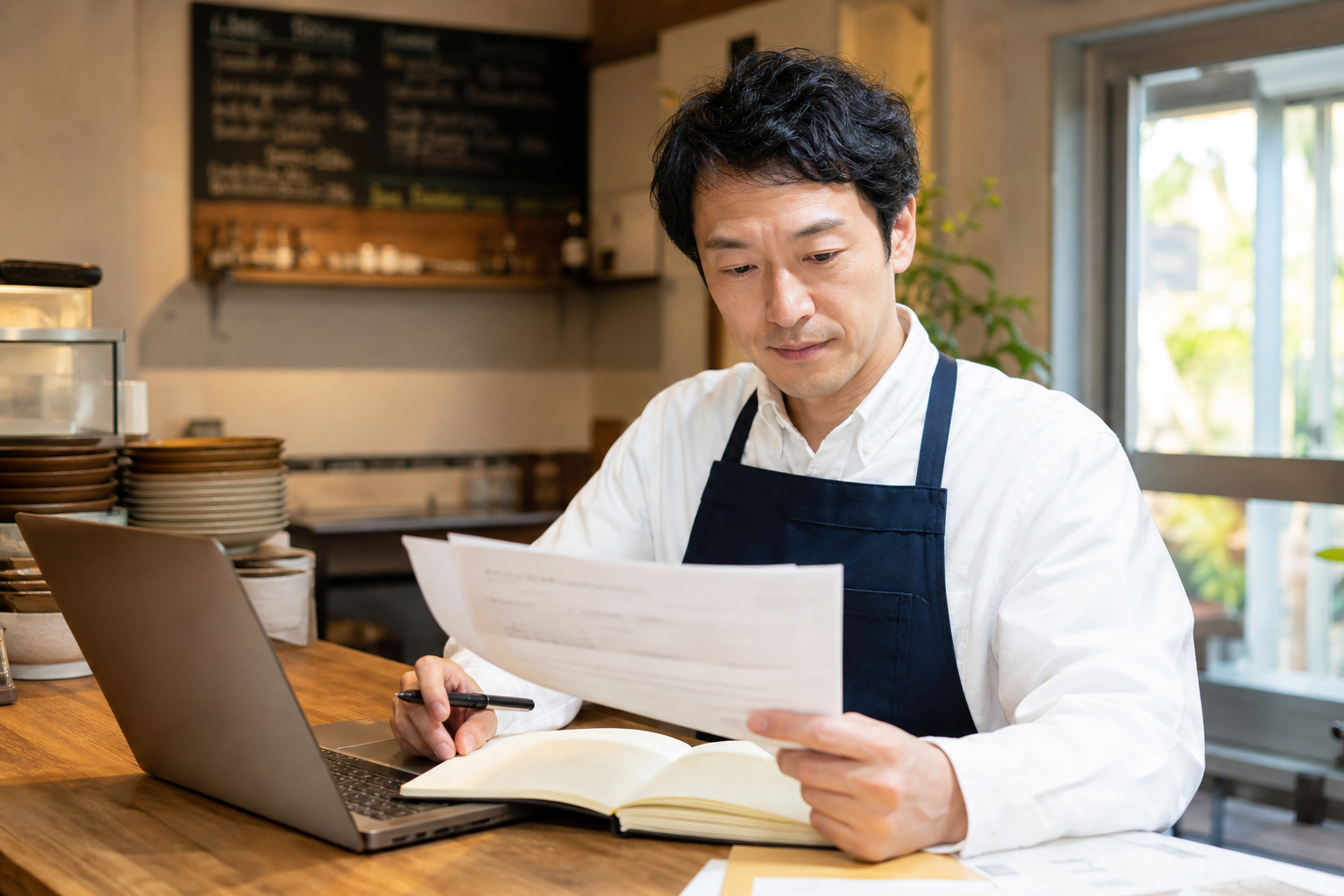 補助金の通知を見て公式ページを確認する小規模店舗の店主
