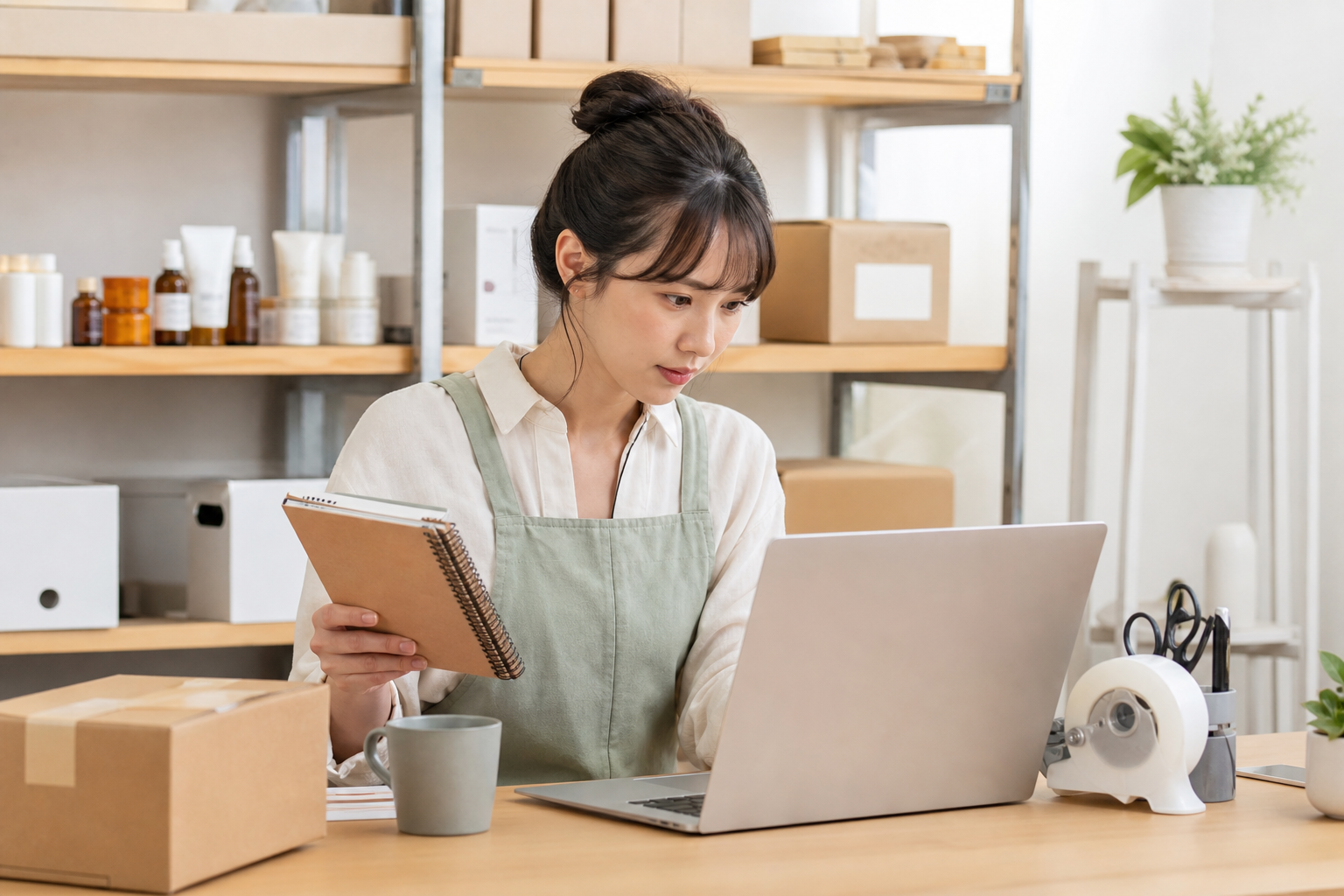 小規模ショップの事業者がパソコンと在庫メモを見比べている様子