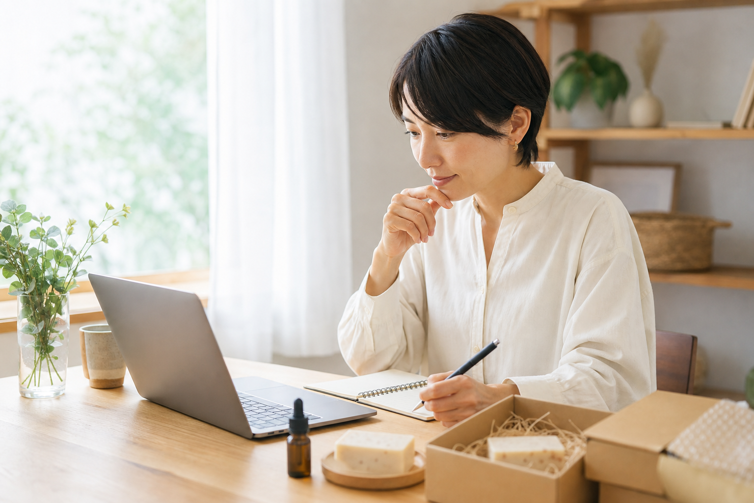 商品とノートパソコンを前にネットショップの準備をする小規模事業者