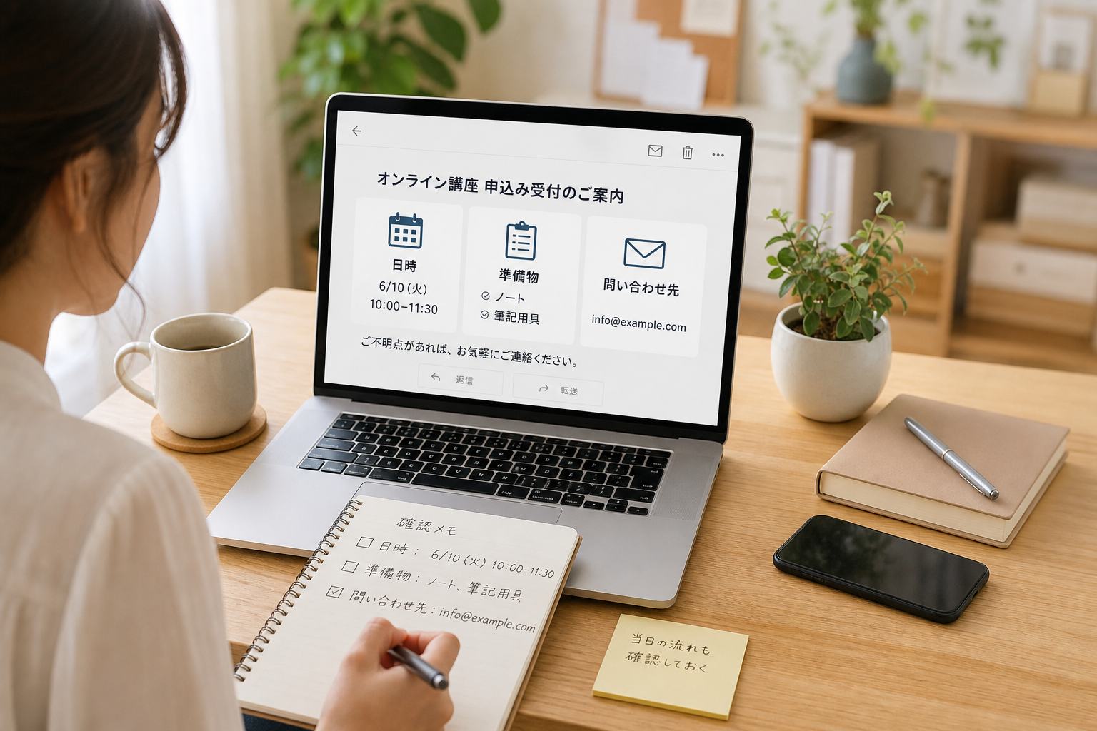 申し込み後メールの内容を確認するパソコンとメモ