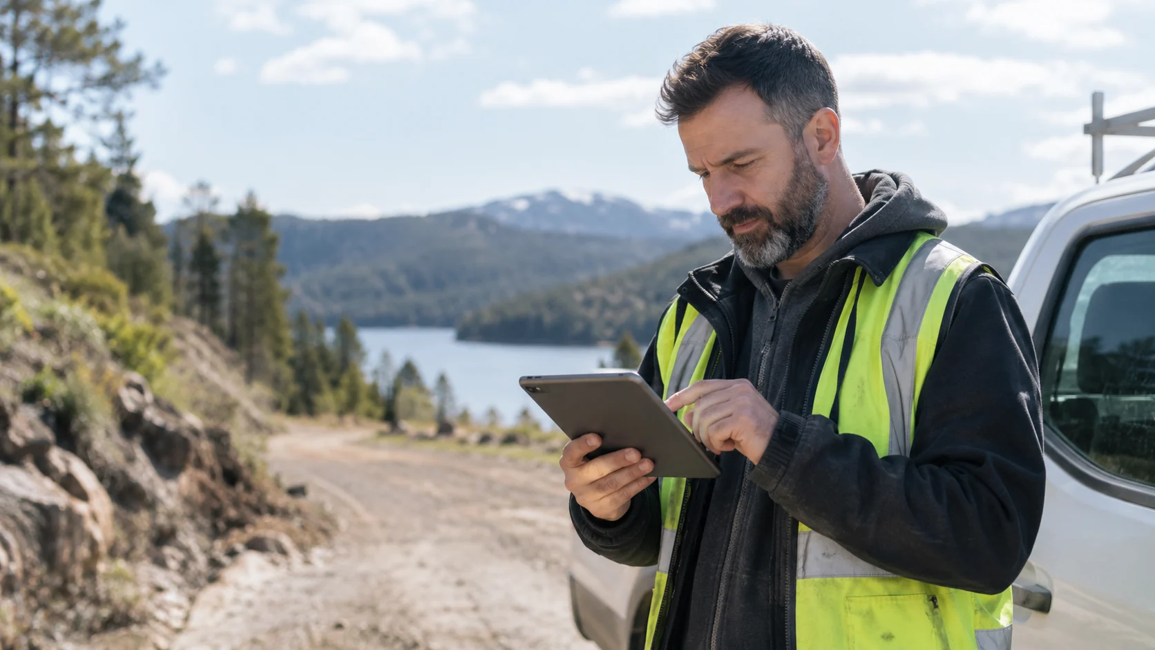 Worker checking a tablet at an outdoor job site