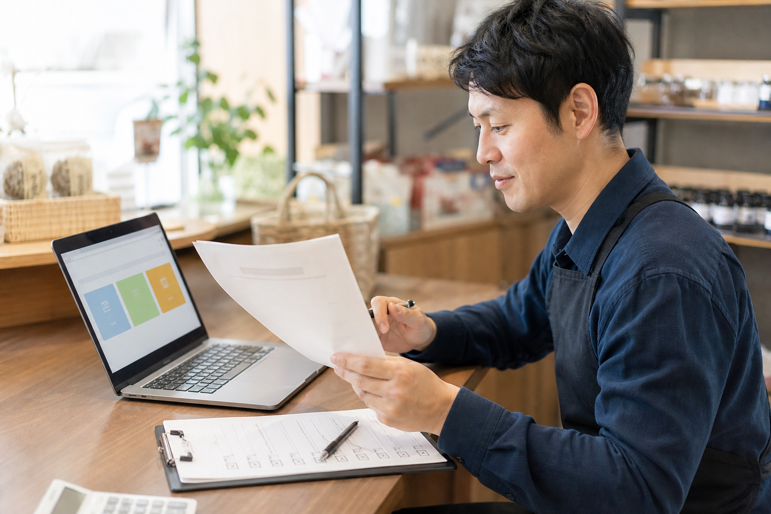 小規模事業者が補助金の通知と公募ページを見比べている様子