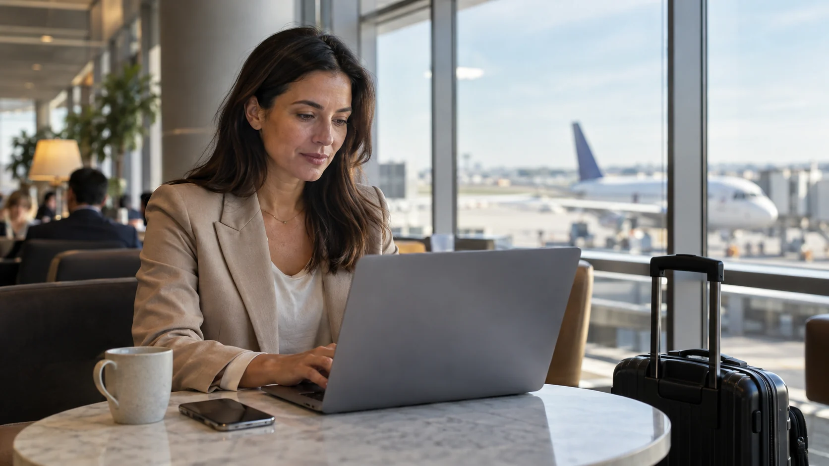 Woman working on a laptop in an airport lounge