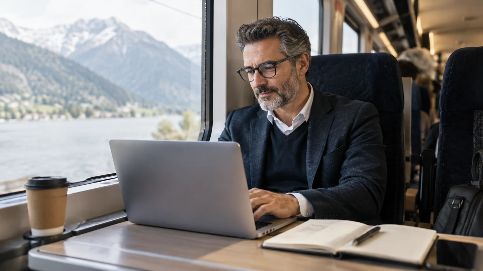 Man working on a laptop aboard a train