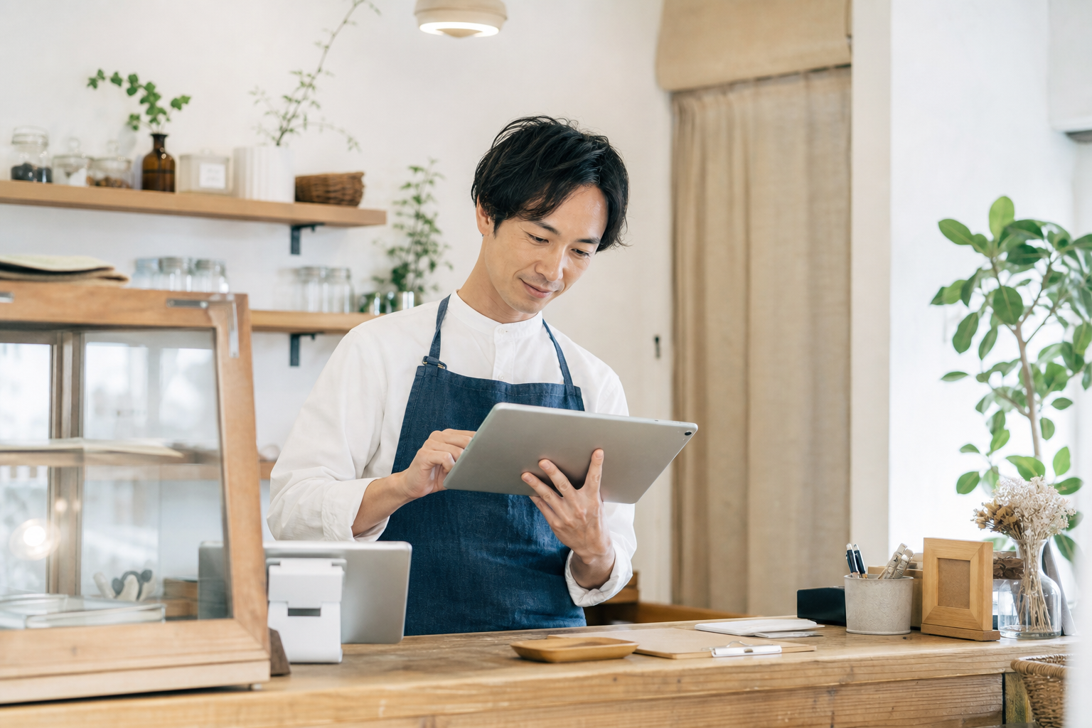 小さな店舗で店主がAI業務カードを整理している様子