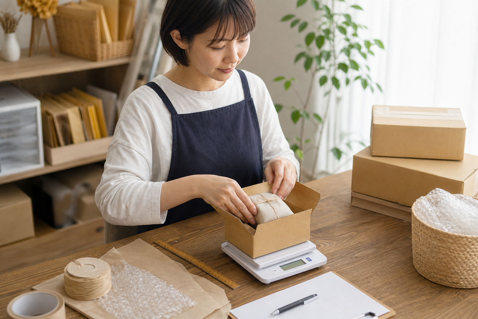 商品を梱包してサイズと重量を確認する作業風景