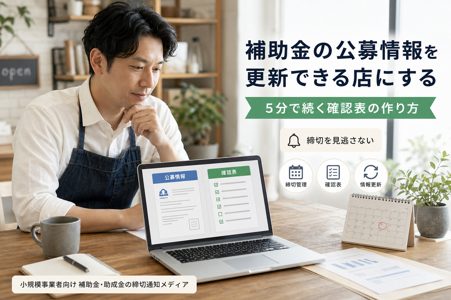小さな店舗の店主が補助金の公募情報を確認している様子