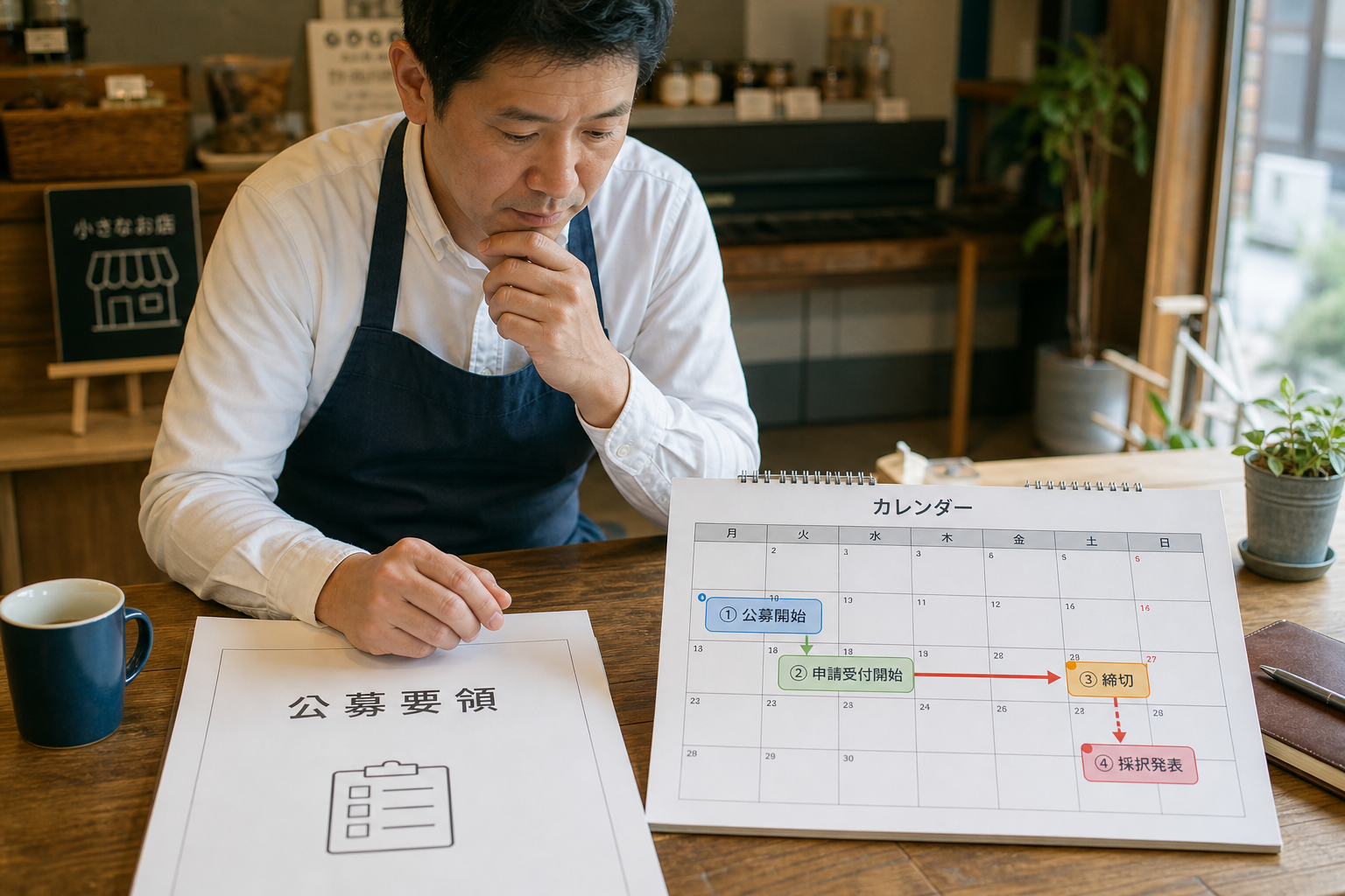 店舗の店主が補助金の募集日程をカレンダーで確認している様子