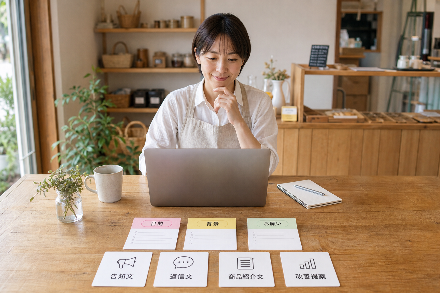 小さな店舗の店主がAIへの依頼内容を整理している様子