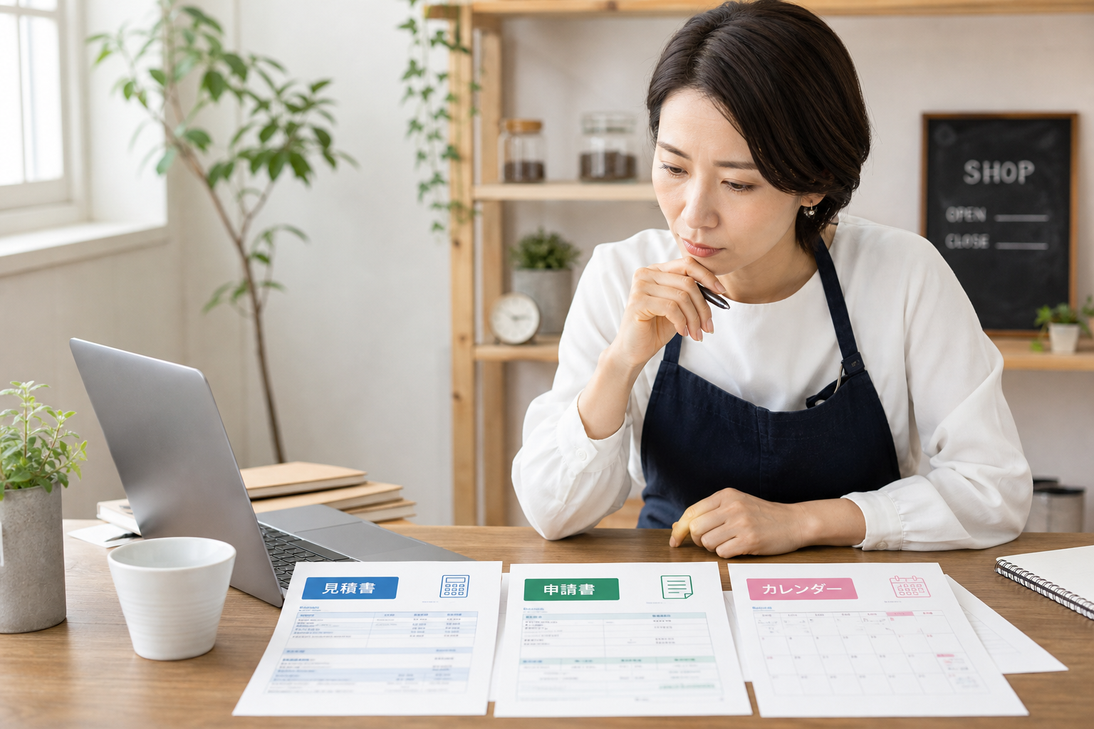 事業主が見積書と申請書を見比べて発注時期を確認している様子