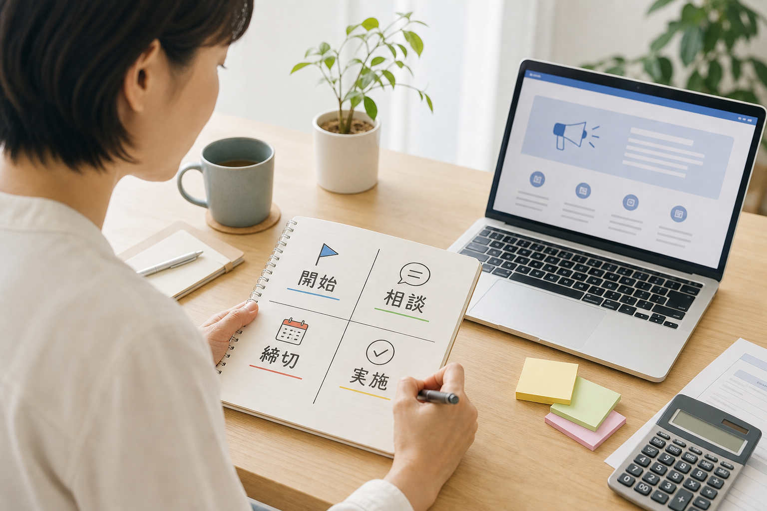 補助金の4つの日付をノートに整理する作業