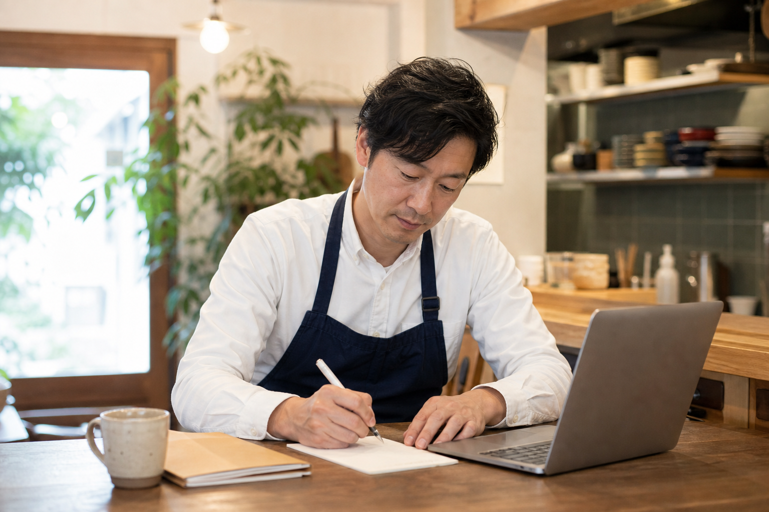 小さな店舗の店主が補助金探しの条件をメモしている様子