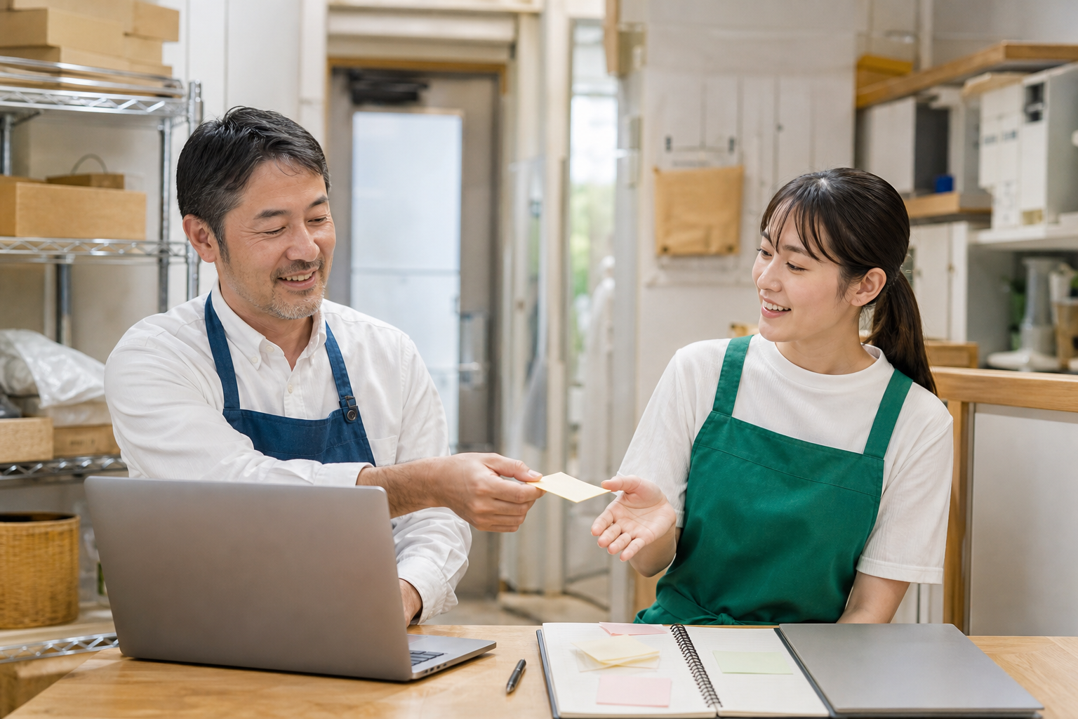 店舗スタッフが補助金の通知を共有メモで確認している様子